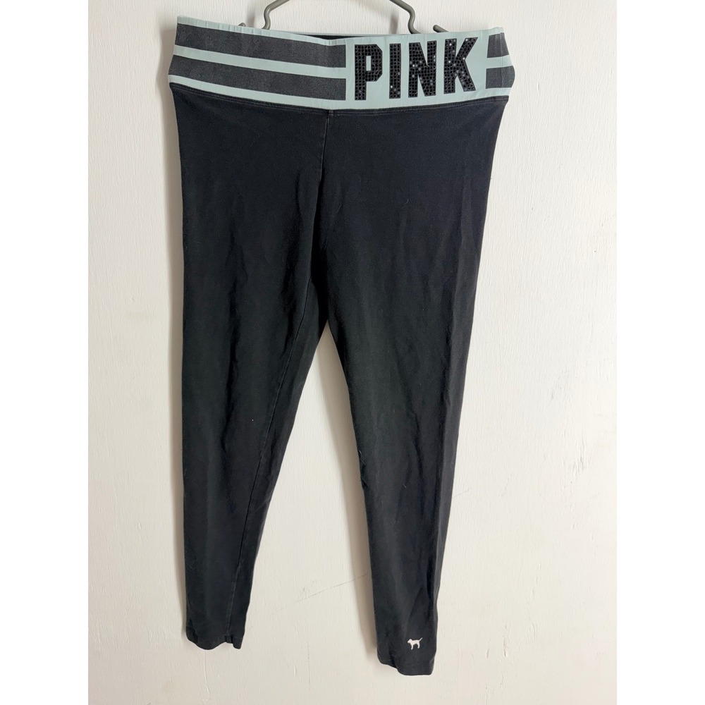 Victoria's Secret PINK Yoga Leggings Black Mint Rhinestone Logo Pants Medium